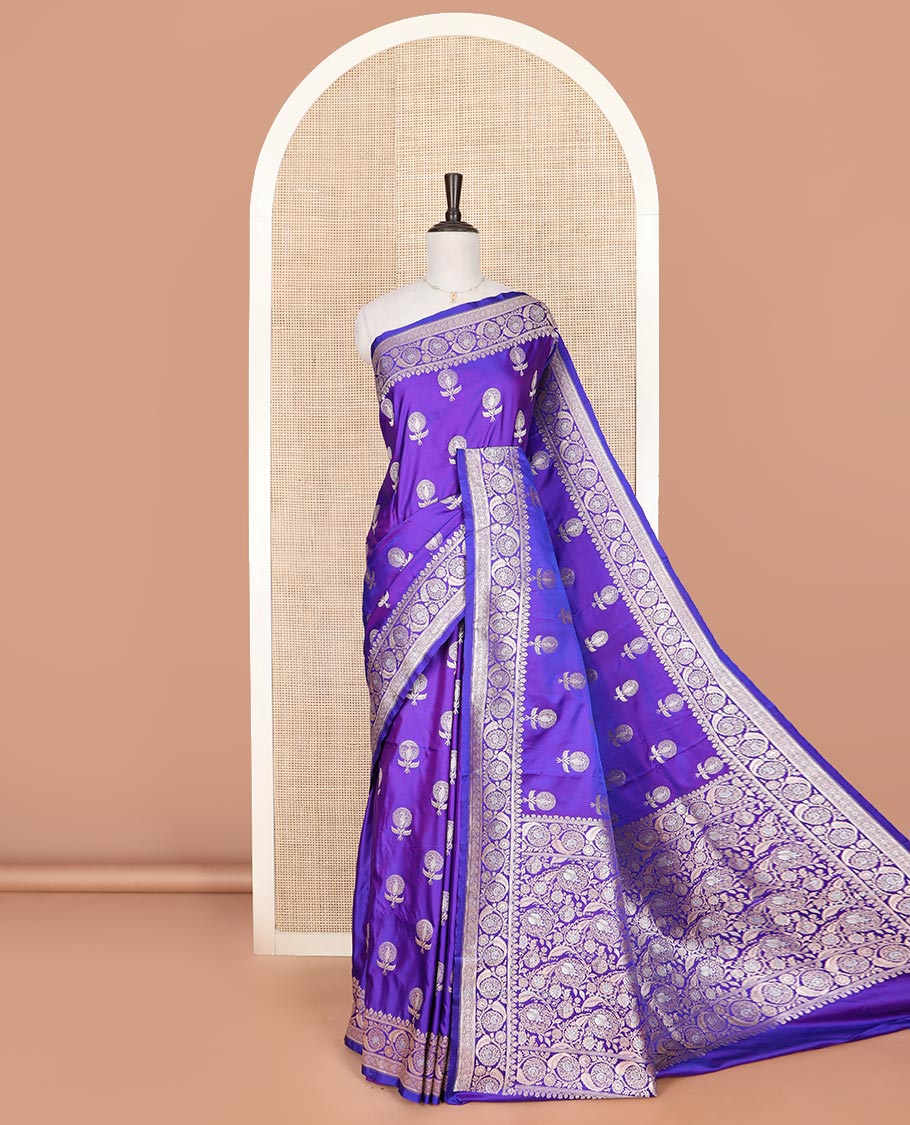 Violet zari buttas mushru silk saree, floral creeper design border, and intricately designed pallu