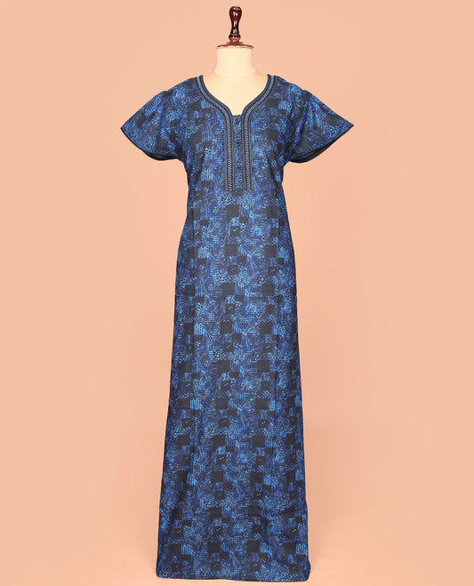 Blue Cotton Nighty Delicately Printed with Floral-Geometric, Featuring Lace Work, Unique Front Neck, and Half  Sleeves