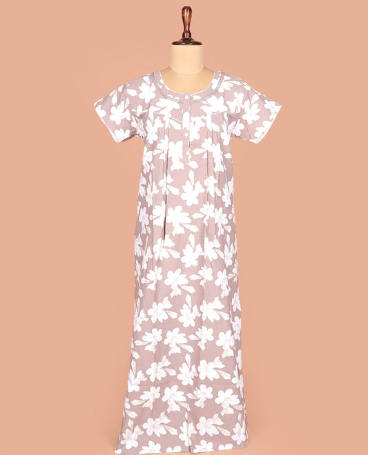 Grey Cotton Nighty Detailed with Silhouette Floral Motifs Print, Featuring Lace Work, Round Front Neck, and Half Sleeves