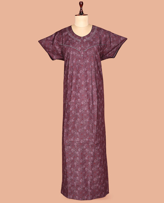 Burgundy Floral Print Cotton-Blended Nighty