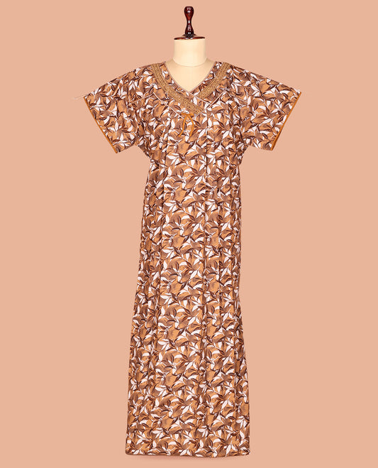 Brown Leaf Print Cotton-Blended Nighty