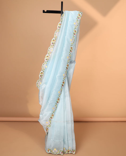 Light blue sequins embroidery organza saree with self floral embroidery, scallop border