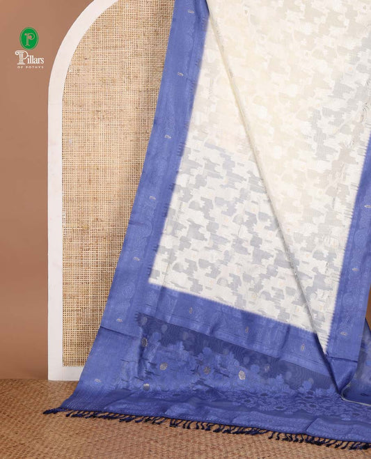 Cream with blue thread weaving, zari butta banaras brasso saree with contrast thread border & thread weaving pallu along with butta design blouse