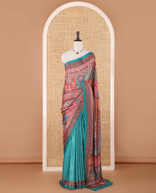 Multi-color geometric design masakali saree with printed, mirror work border & printed, mirror work pallu along with plain blouse