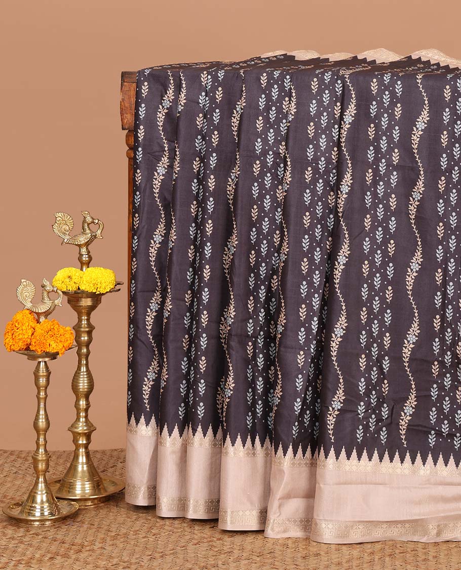 Black digital print khatan silk saree with contrast bentex border & printed pallu along with printed blouse