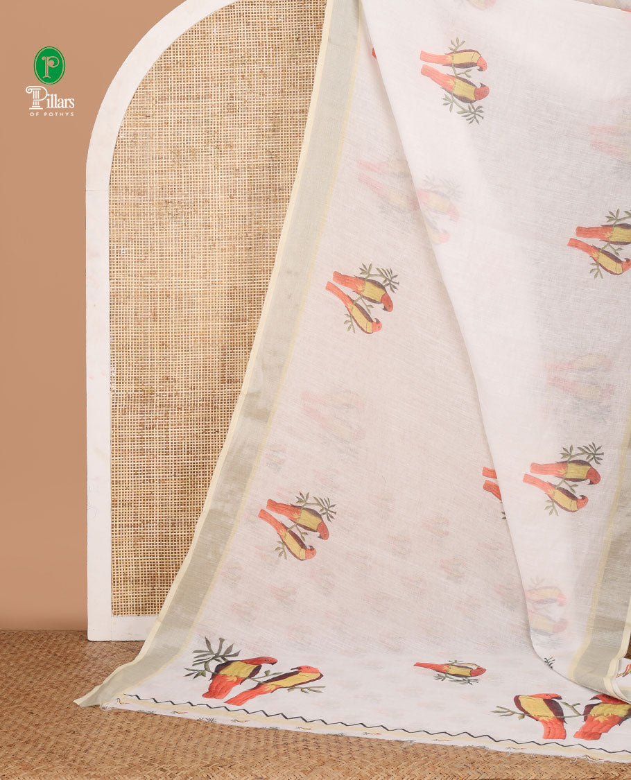 White digital printed linen cotton saree with parrots on the tree design, contrast bavanji border & parrot printed pallu