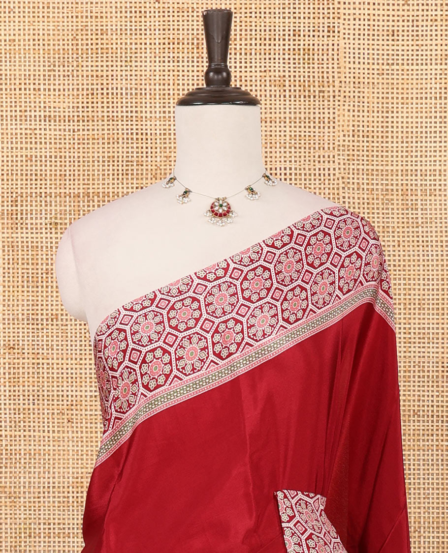 Purple plain modal satin saree, double-sided border & pallu intricately printed ajrakh-style design, ajrakh printed blouse