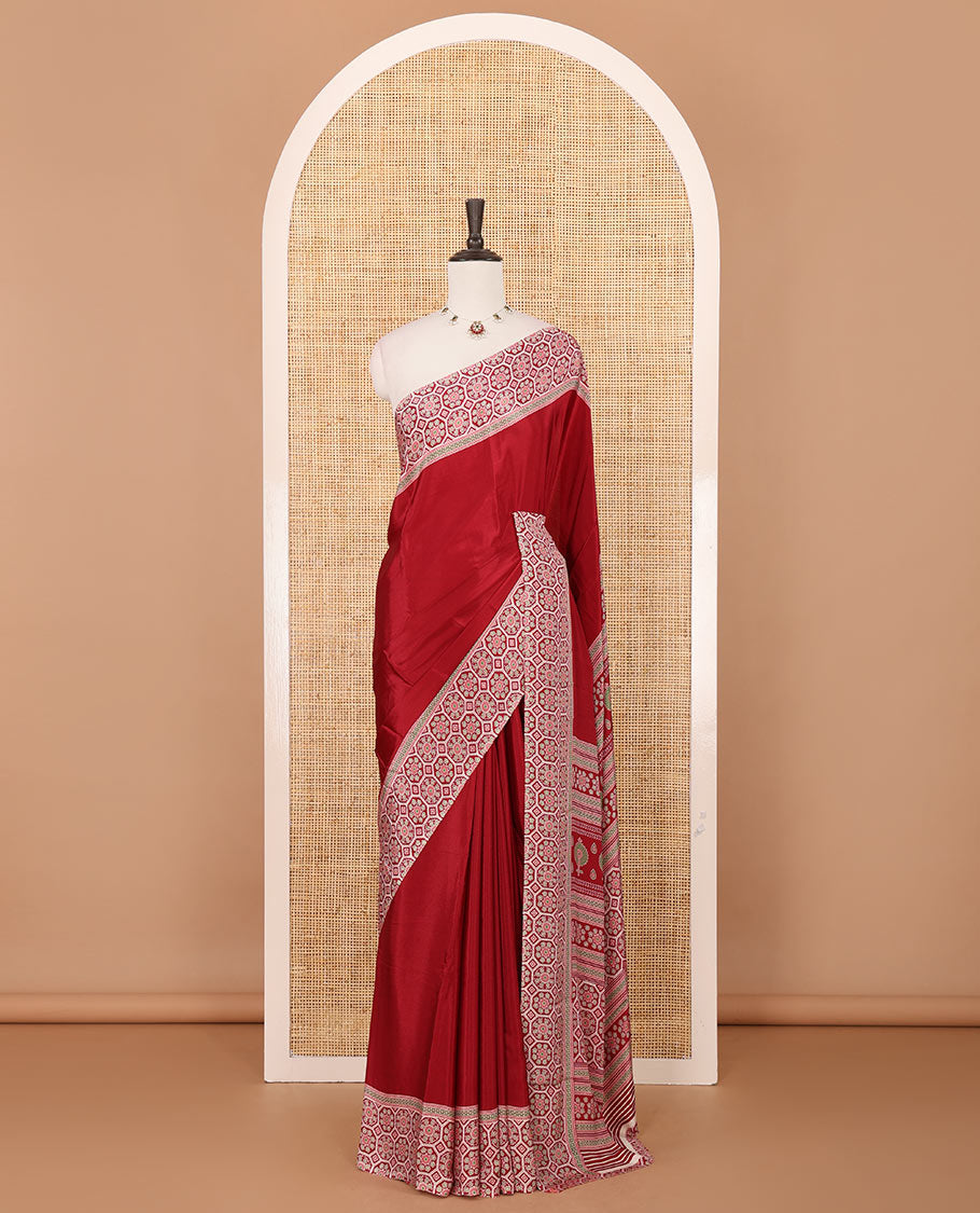 Purple plain modal satin saree, double-sided border & pallu intricately printed ajrakh-style design, ajrakh printed blouse