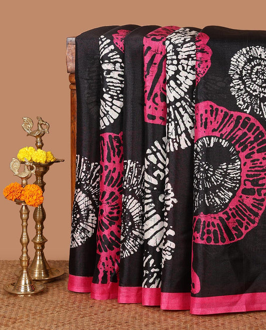 Black batik-style uniquely printed khadi cotton saree, contrast pink piping border & printed pallu