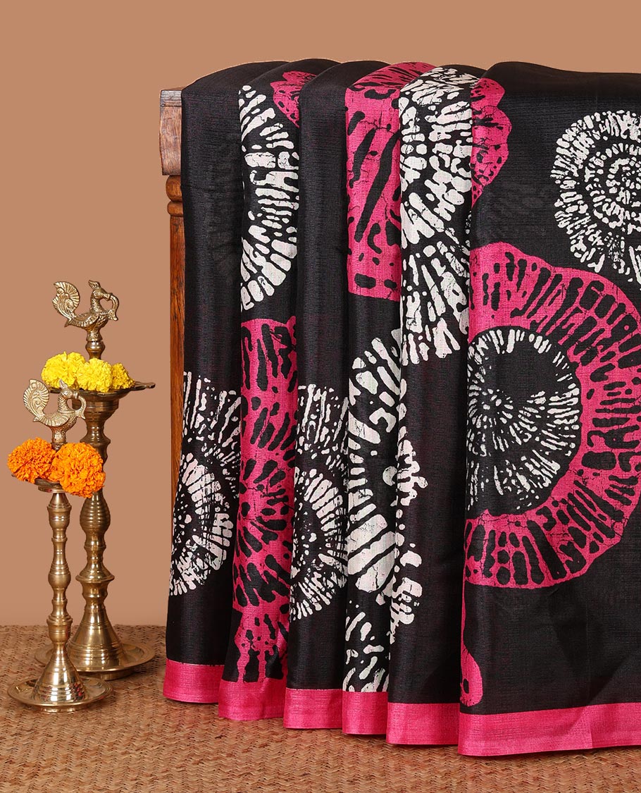Black batik-style uniquely printed khadi cotton saree, contrast pink piping border & printed pallu