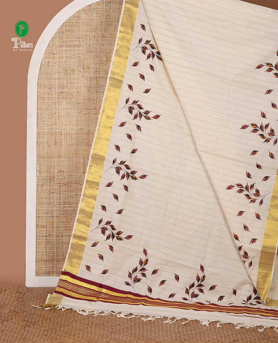 Cream & purple Kerala cotton saree with stripes & leaf motifs screen print, golden zari border & screen printed pallu