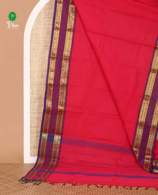 Pink plain Chettinadu cotton saree,contrast rettai rettu traditional zari border,lining seer pallu & matching plain blouse