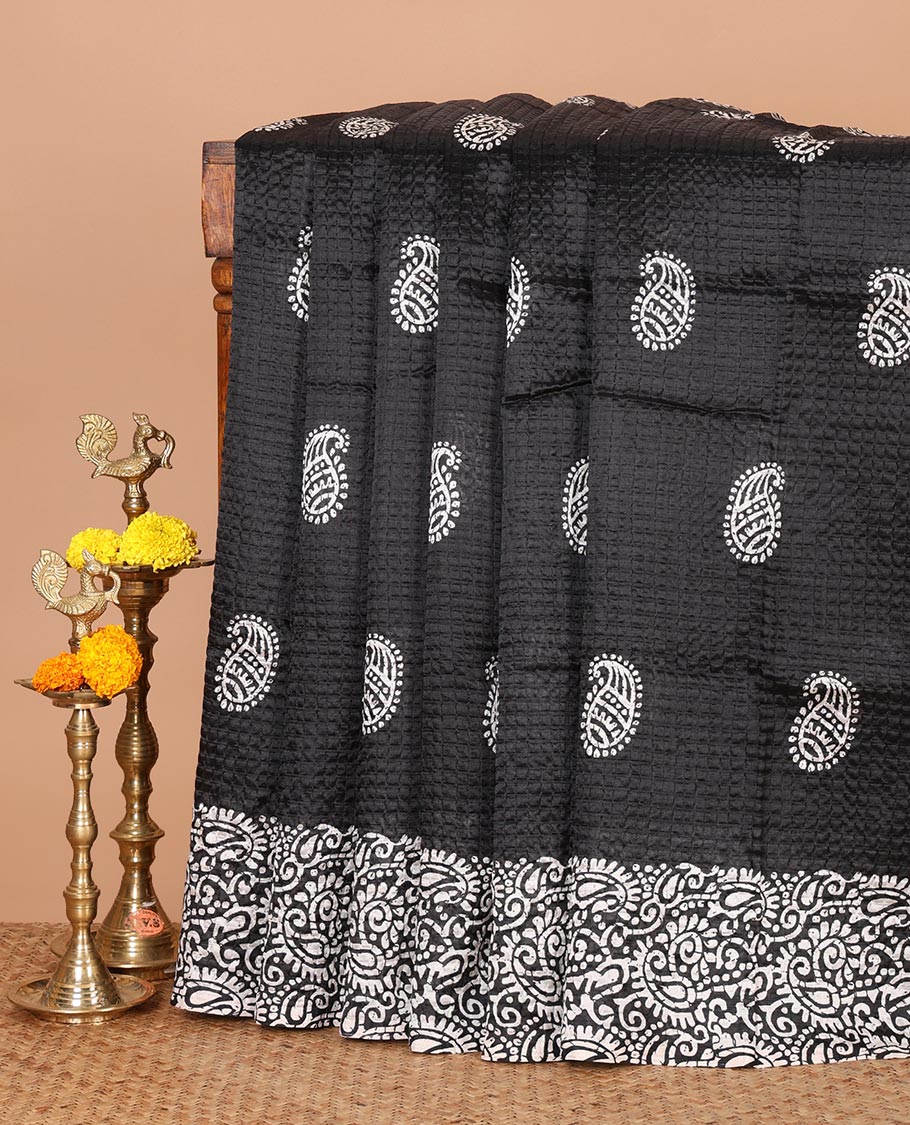 Black mango motifs batik printed litch crushed saree, mango motif border, pallu of mango & geometric print & small butta print blouse