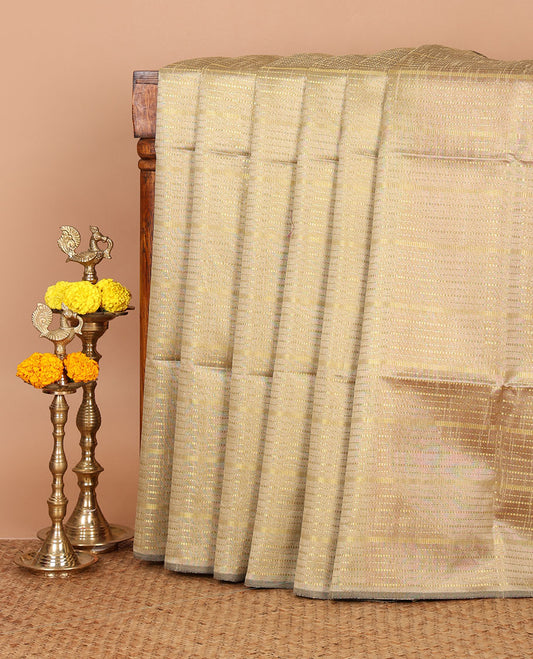 Borderless chikku horizontal zari striped semi-raw silk saree, striped pallu & contrast plain blouse