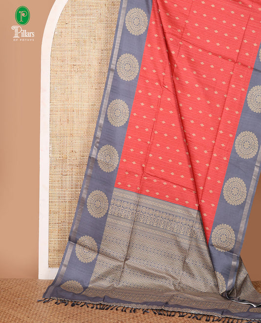 Rust stripes & thread buttas Kathan silk saree, contrast chakram motif border, jaal print pallu & contrast jaal print blouse