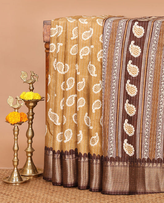 Brown zari striped & batik-paisley dola silk saree,contrast traditional zari border,printed pallu & zari striped & butta print blouse