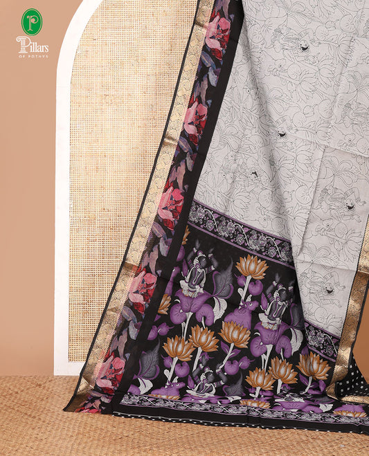 Grey kalamkari-style cow, lotus & human motifs printed Assam cotton saree, contrast floral print & zari paisley border & printed blouse
