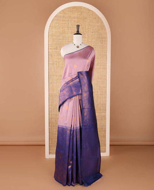 Borderless lavender-blue zari buttas & half-&-half vanasingari-style flora-fauna woven kanchi silksaree,self-pallu & blue blouse of zari brocade