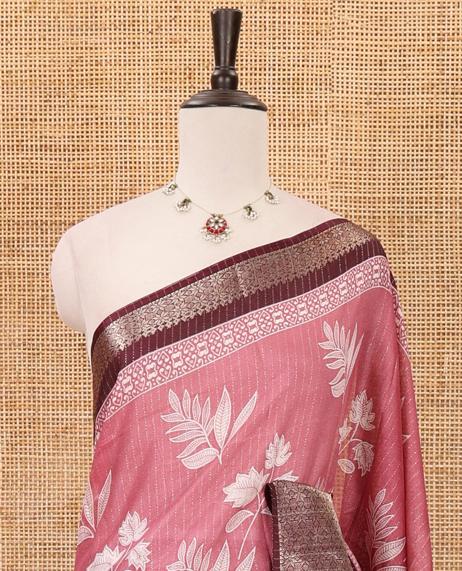 Onion pink zari striped & floral printed dola silk saree,contrast zari design border,floral-paisley print pallu, printed-zari-work blouse