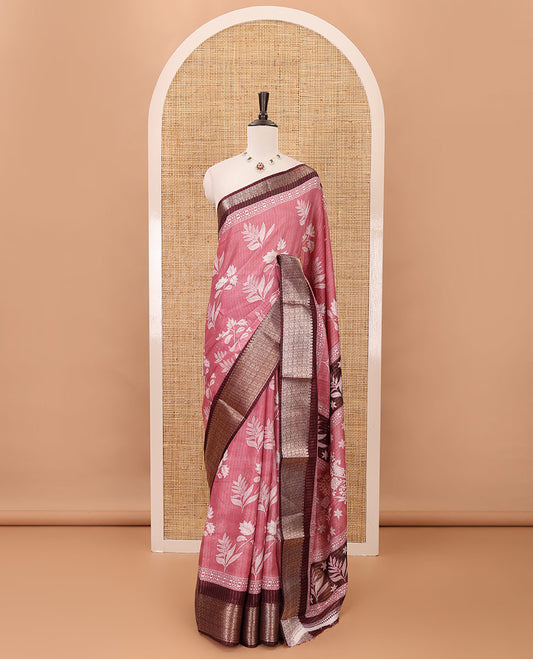 Onion pink zari striped & floral printed dola silk saree,contrast zari design border,floral-paisley print pallu, printed-zari-work blouse