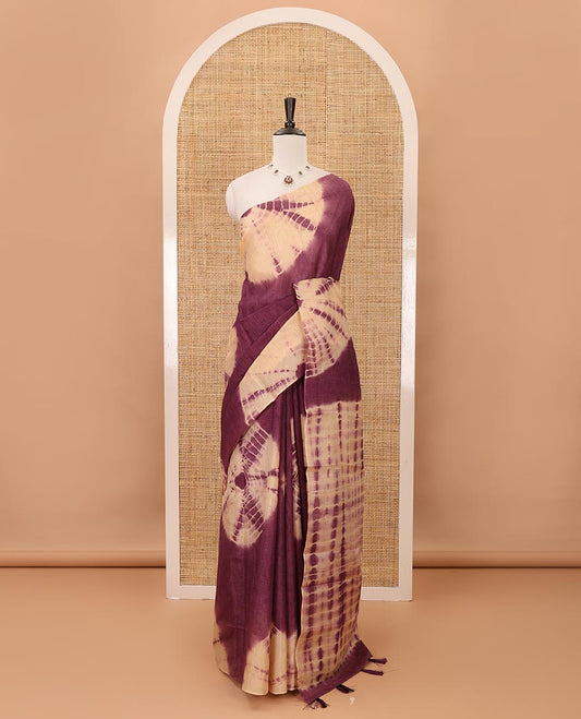 Borderless violet shibori-printed jute tussar silk saree, contrast shibori-printed pallu & contrast blouse