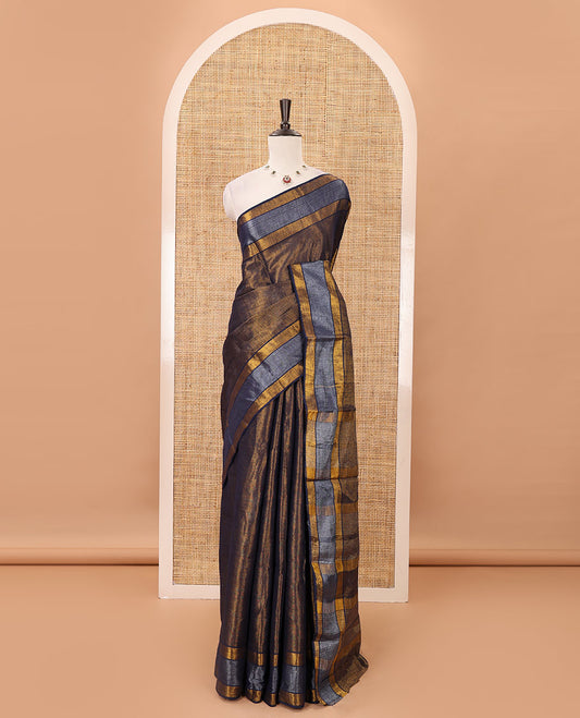 Navy blue gold zari tissue-style sungudi cotton saree, silver-lined border, silver-lined pallu & matching striped Navy blue blouse