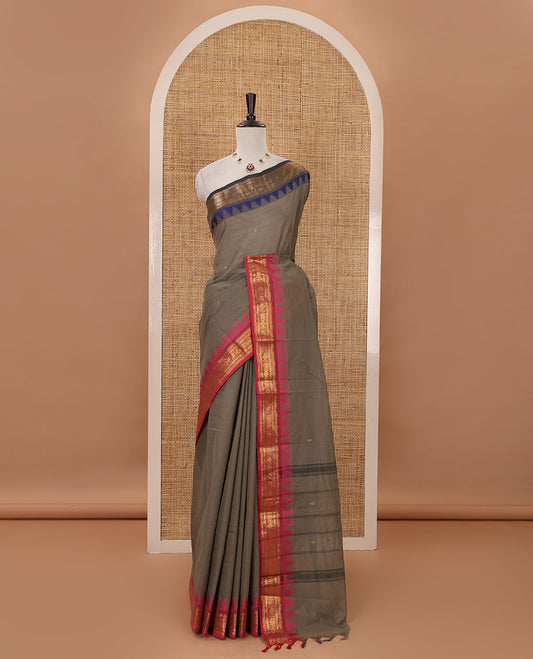 Grey zari buttas Chettinad cotton saree, contrast Ganga Jamuna temple traditional zari border, striped pallu & matching blouse
