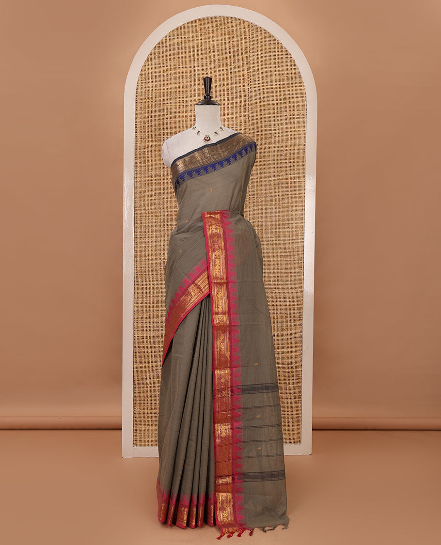 Grey zari buttas Chettinad cotton saree, contrast Ganga Jamuna temple traditional zari border, striped pallu & matching blouse