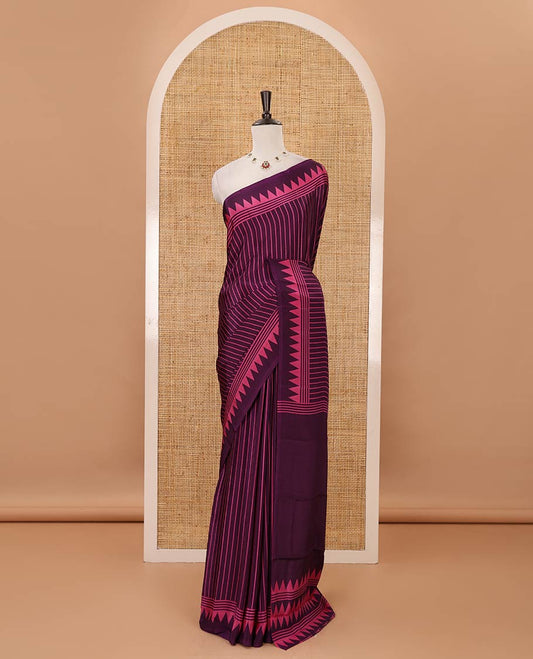 Purple vertical stripes printed Turkey crepe saree, temple printed border, geometric printed pallu & Ajrakh-printed blouse