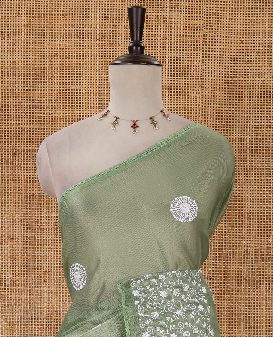 Parrot green plain & chikankari embroidered kota check saree, lace border, embroidered self-pallu & plain blouse