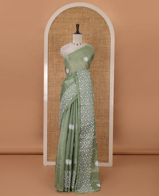 Parrot green plain & chikankari embroidered kota check saree, lace border, embroidered self-pallu & plain blouse