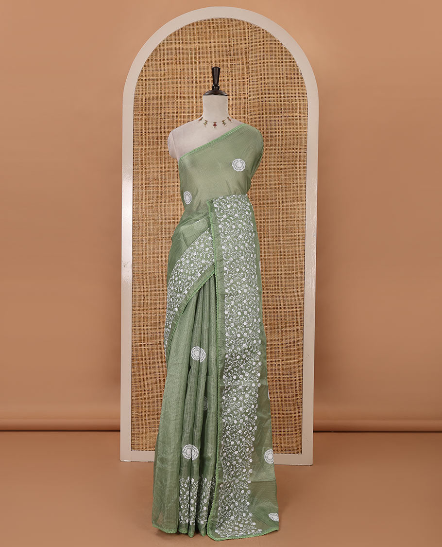 Parrot green plain & chikankari embroidered kota check saree, lace border, embroidered self-pallu & plain blouse