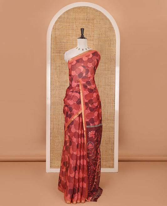 Rust polka dots printed linen cotton saree, piping border, kalamkari floral-peacock printed pallu & small polka dots printed blouse