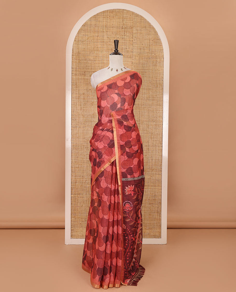 Rust polka dots printed linen cotton saree, piping border, kalamkari floral-peacock printed pallu & small polka dots printed blouse