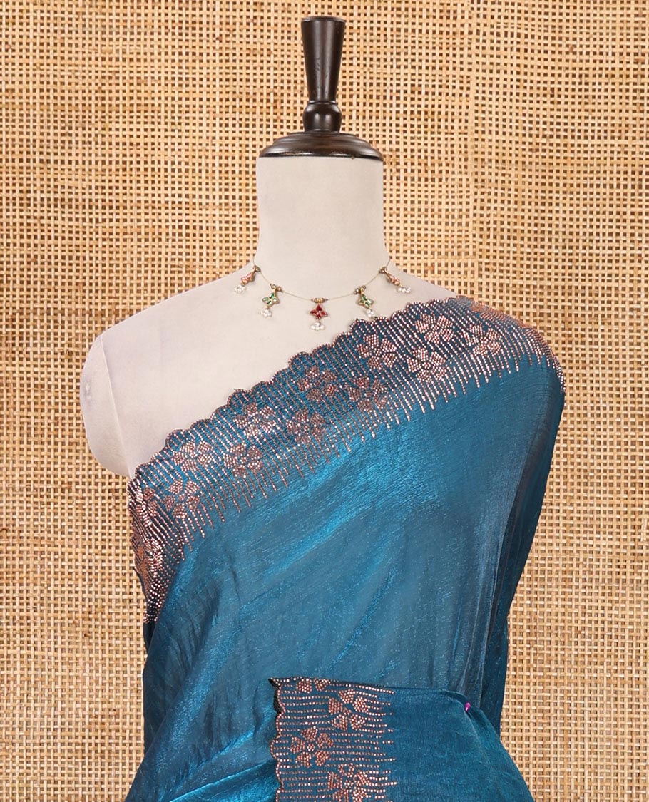Blue full-plain Fendy satin saree, scallop floral micro-stone embroidered border, self-pallu & contrast stone work blouse