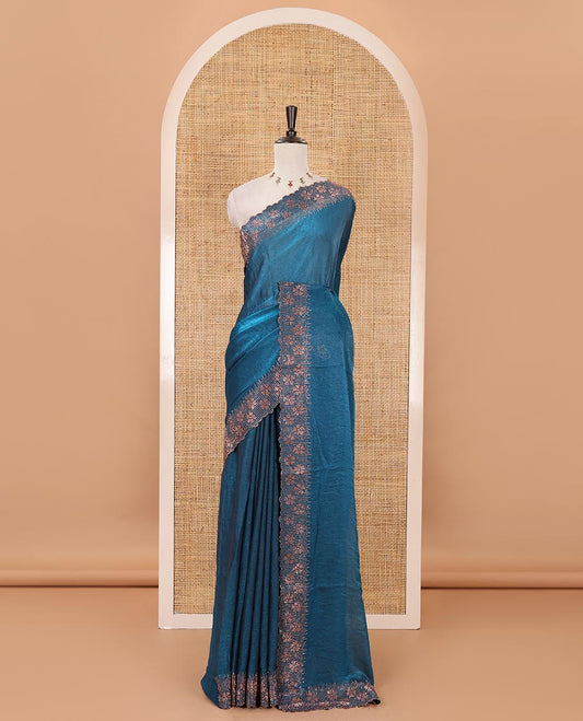 Blue full-plain Fendy satin saree, scallop floral micro-stone embroidered border, self-pallu & contrast stone work blouse