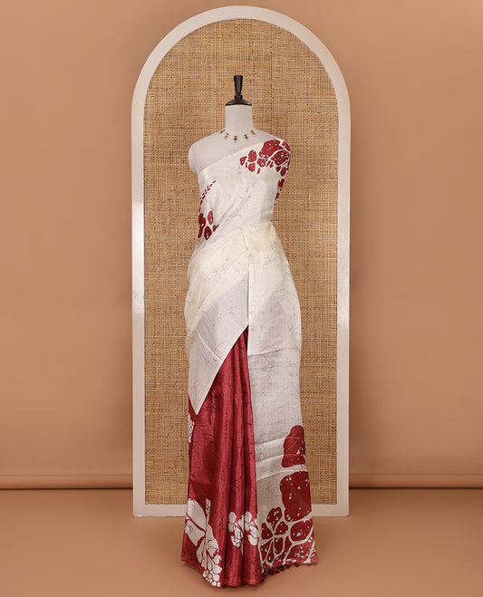 Borderless white-onion pink batik-style floral big printed khadi cotton saree, purple batik printed blouse
