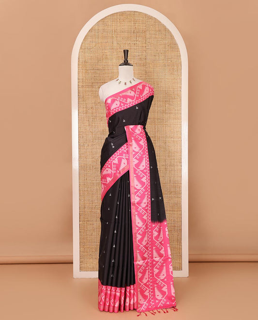 Black temple buttas katan silk saree, contrast border & pallu of jamdani-style motifs & diamond motifs printed contrast blouse