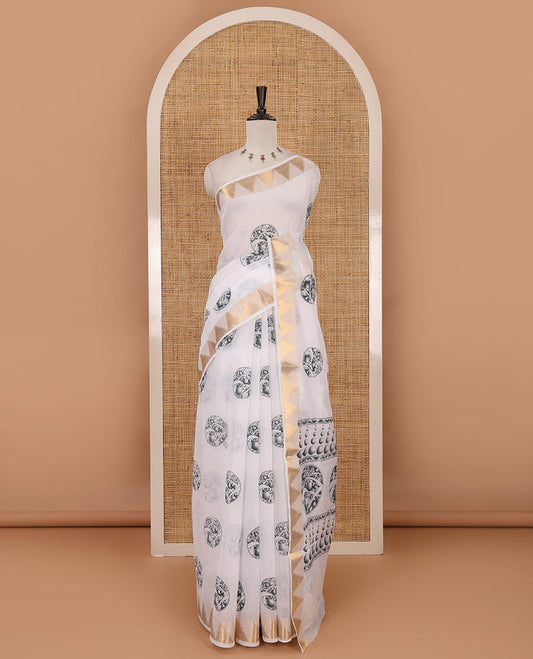 White-green circular motifs printed mercerised cotton saree, gold zari temple  border, circular motifs printed pallu & matching zari border blouse