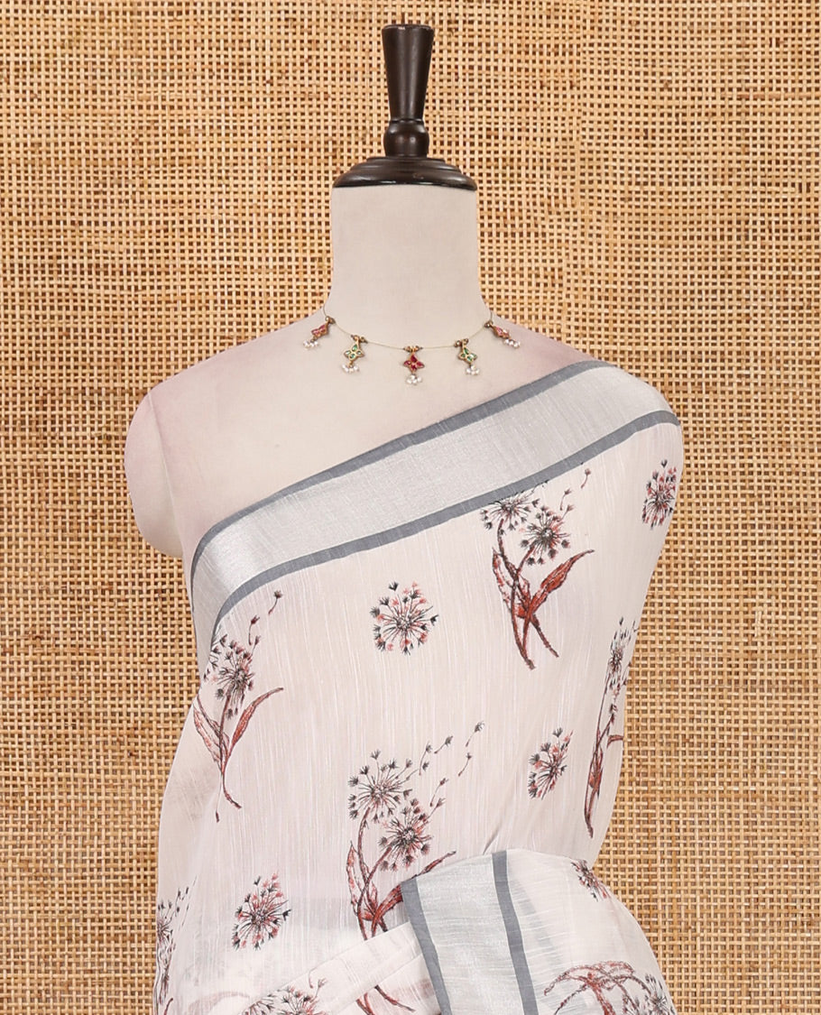 White-grey floral motifs printed Linen cotton saree, contrast Sliver zari bavanji border, floral print pallu & plain blouse