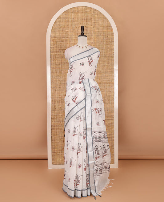 White-grey floral motifs printed Linen cotton saree, contrast Sliver zari bavanji border, floral print pallu & plain blouse