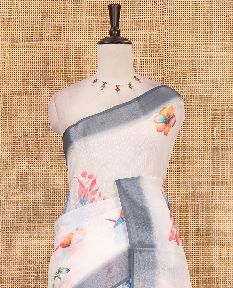 Cream-grey floral & sparrow printed linen saree, contrast zari border & floral motifs printed blouse