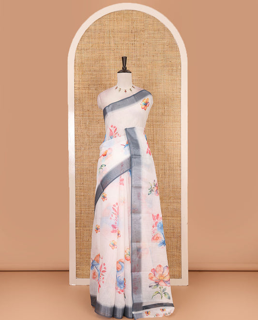 Cream-grey floral & sparrow printed linen saree, contrast zari border & floral motifs printed blouse