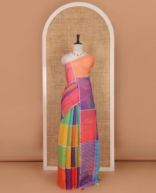 Borderless multi colour  colorful big checked geometric theme printed linen saree, striped pallu and contrast plain blouse
