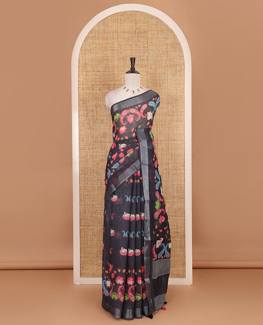 Elephant grey Pichwai Lotus, cow, and paisleys printed linen cotton saree, silver zari border, striped pallu and plain blouse