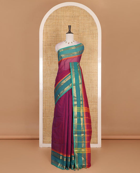 Pink plain Chettinad cotton saree, contrast  traditional zari rettai pettu temple border, striped pallu and plain blouse