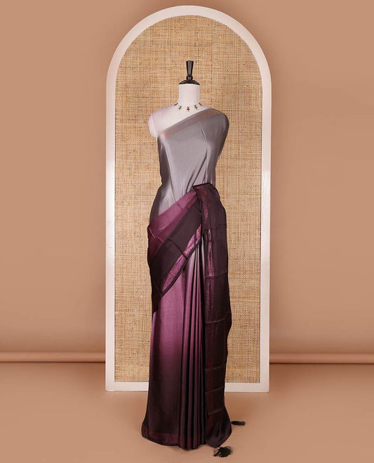 Wine ombre full-plain satin crepe saree, copper zari border, and plain blouse