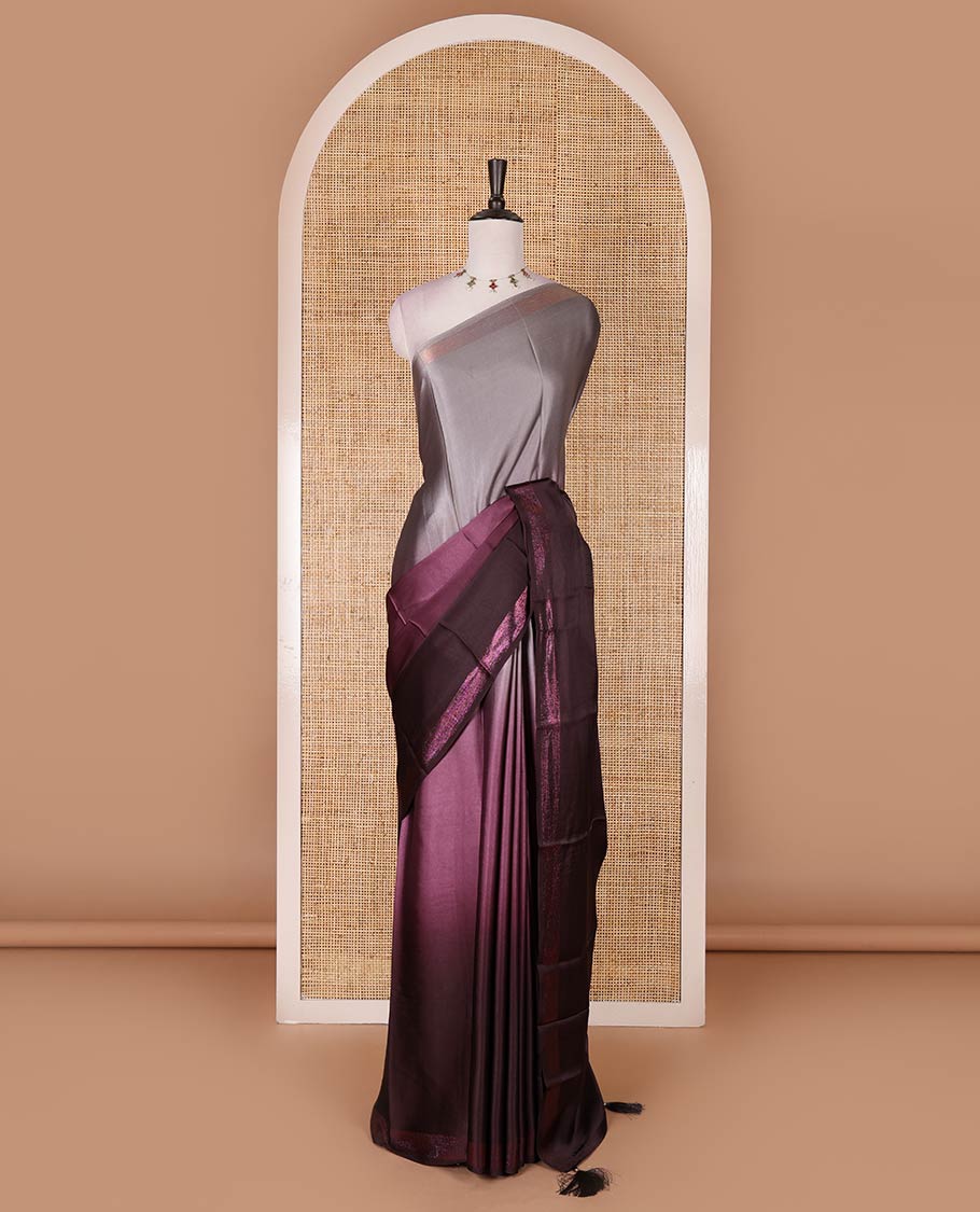 Wine ombre full-plain satin crepe saree, copper zari border, and plain blouse