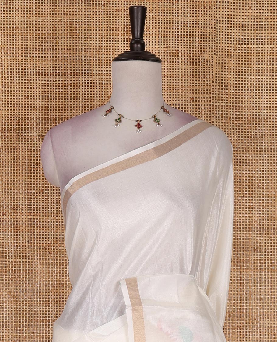 Half-white boat motifs printed Kerala cotton saree, zari border, pallu of kathakali print, and a matching blouse