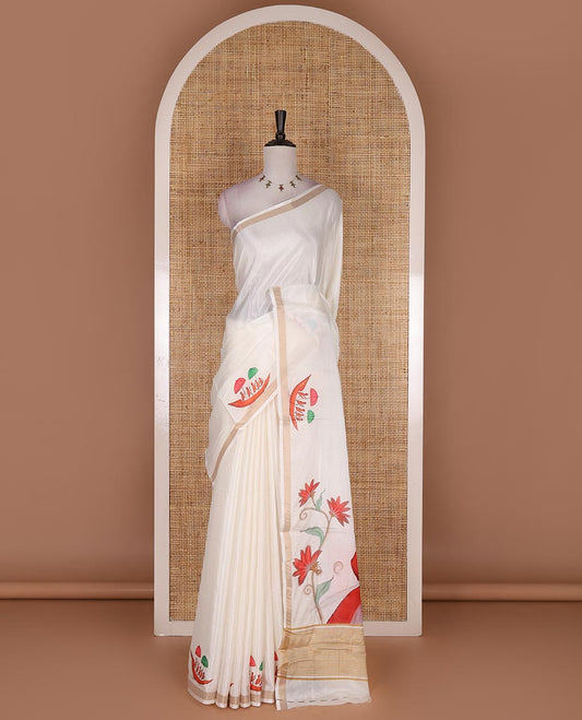 Half-white boat motifs printed Kerala cotton saree, zari border, pallu of kathakali print, and a matching blouse